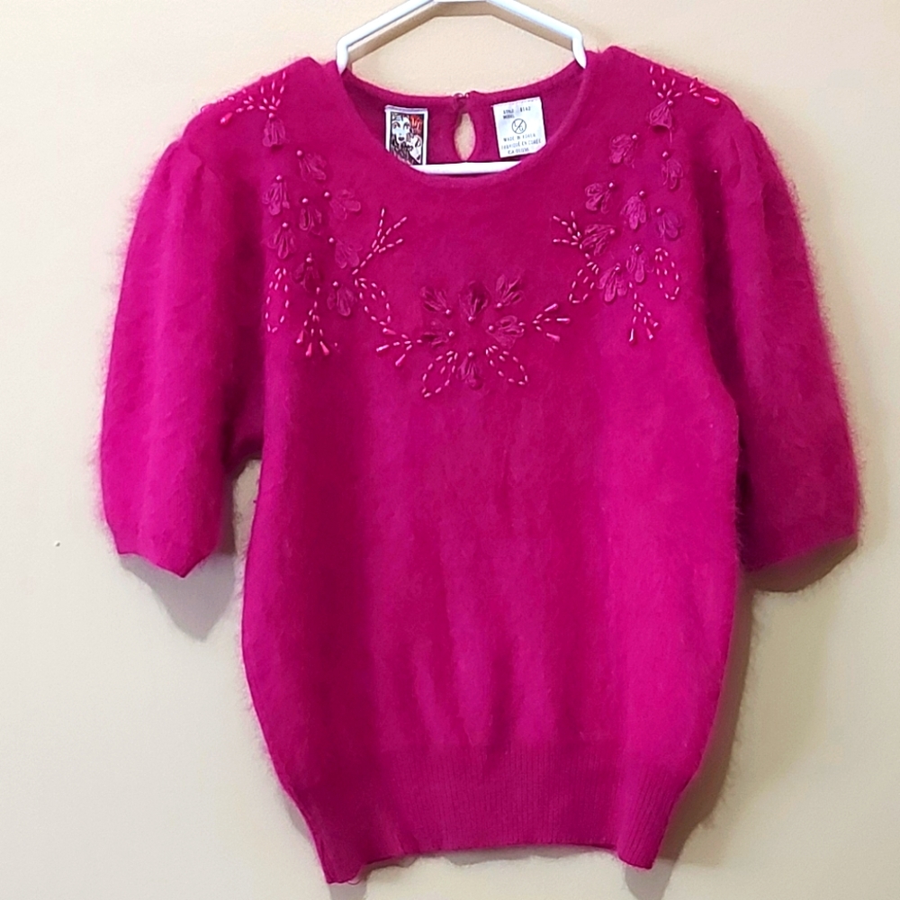 Vintage Angora Blend Beaded Short Sleeve Sweater